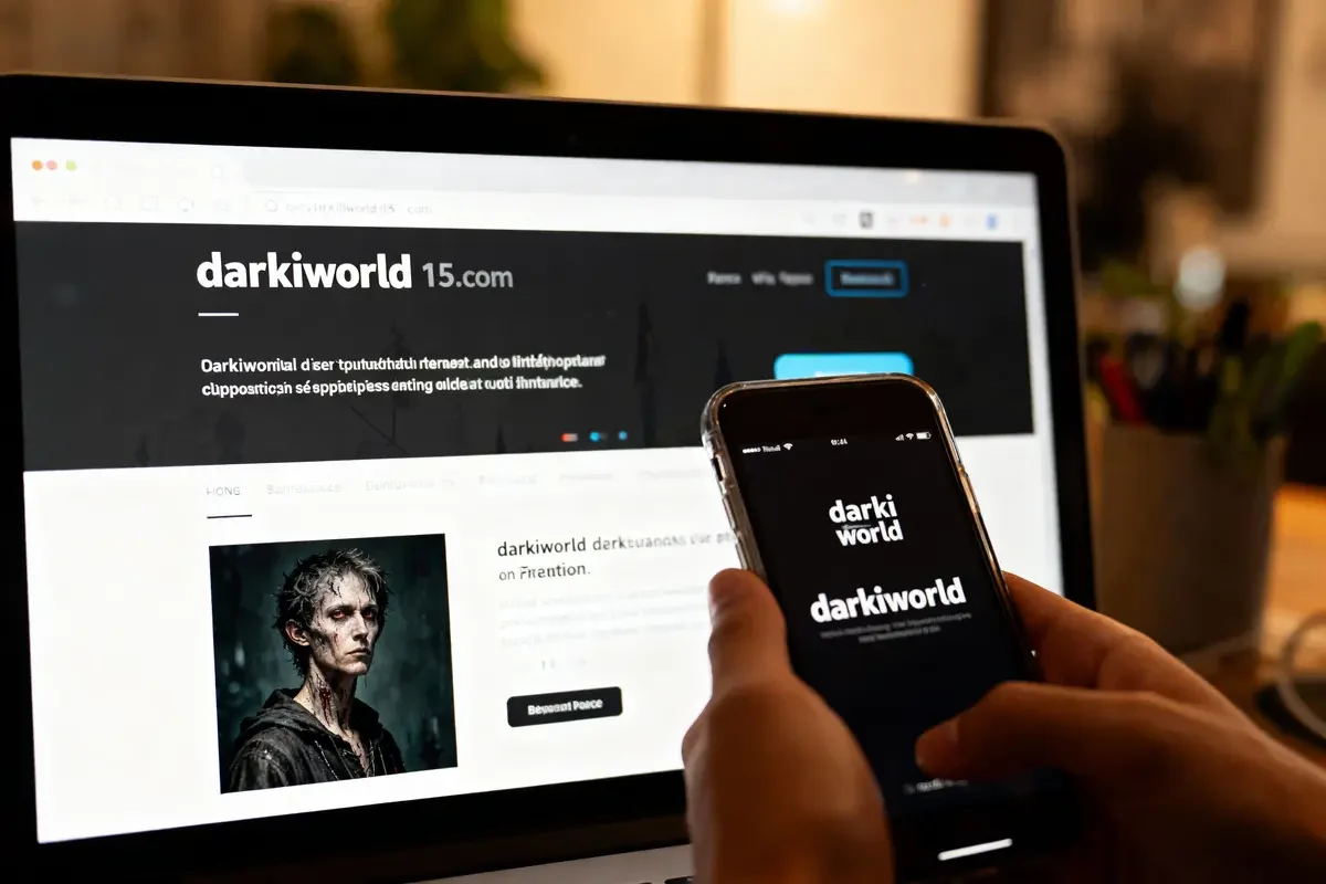 Ordinateur et smartphone affichant le site "darkiworld", avec texte illisible et image d'un personnage sombre.