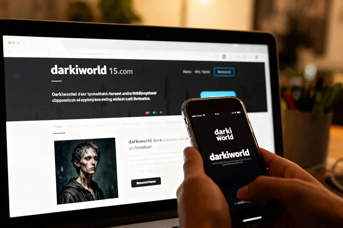 Ordinateur et smartphone affichant le site "darkiworld", avec texte illisible et image d'un personnage sombre.