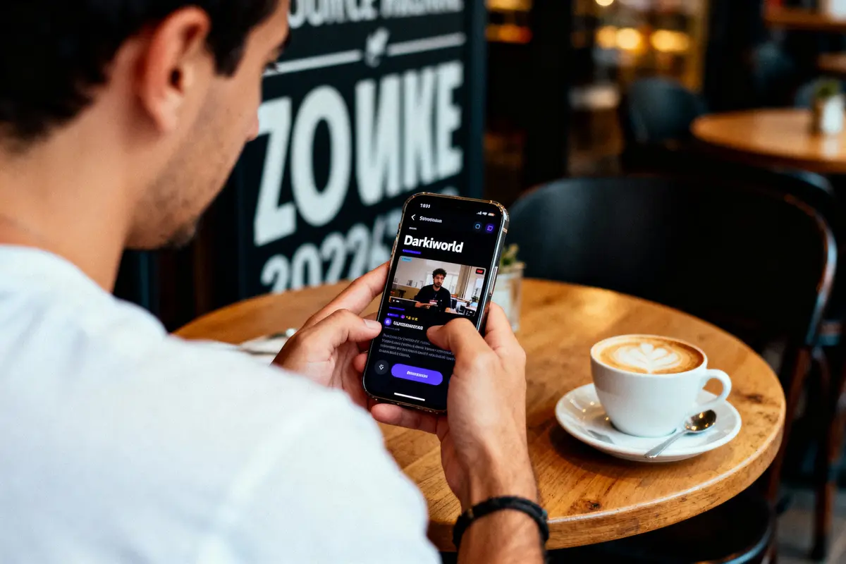 Un homme regarde un smartphone, table de café, cappuccino artistiquement décoré, fond flou, ambiance urbaine.