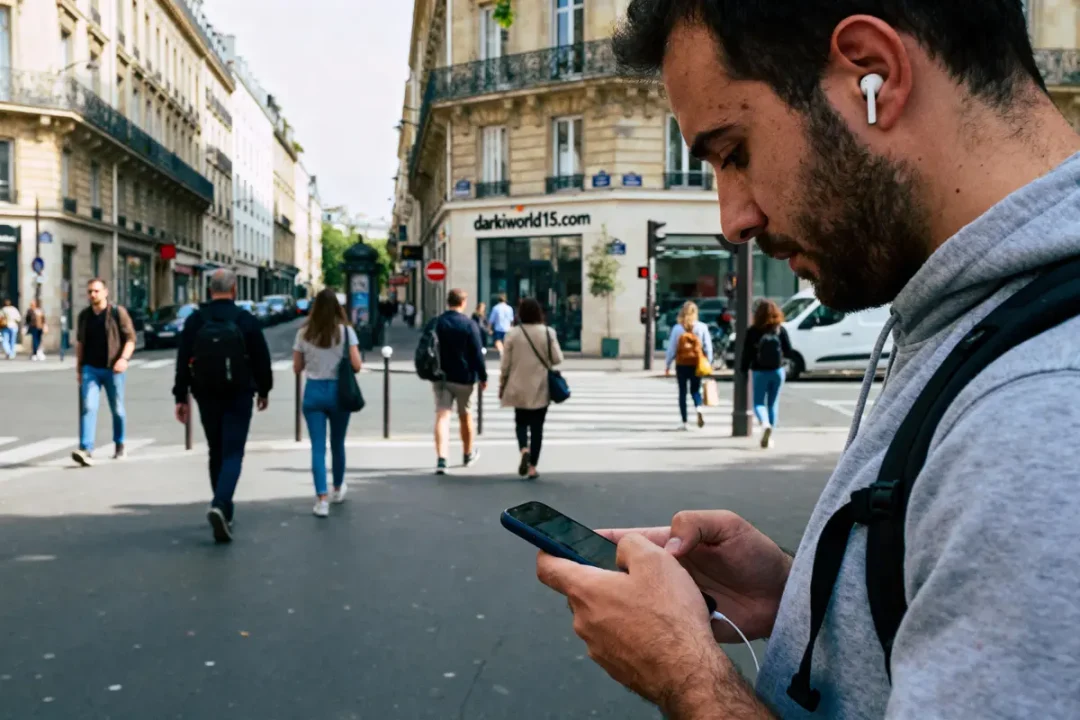 Homme avec écouteurs regardant smartphone en marchant dans une rue animée, plusieurs personnes autour.