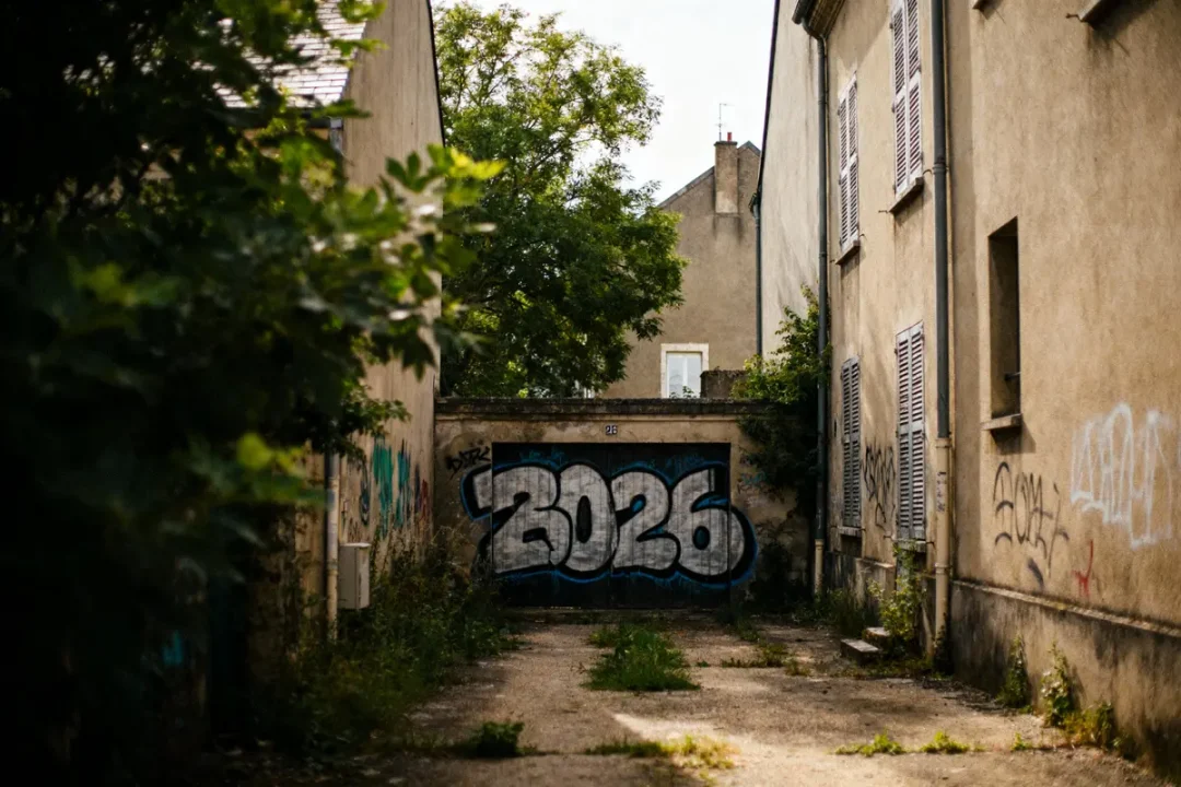 Allée urbaine, murs avec graffiti "2026", bâtiments, végétation envahissante, arbres ombragés, atmosphère tranquille et abandonnée.