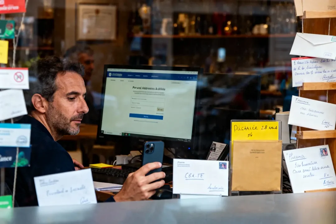 Homme regardant téléphone et ordinateur derrière vitre avec enveloppes et notes affichées, ambiance de bureau.