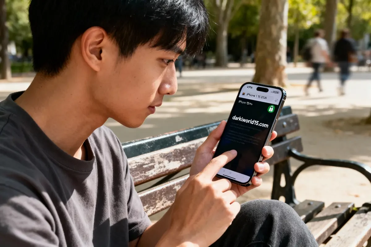 Homme regardant son smartphone assis sur un banc dans un parc, écran affichant "darkiworld15.com".