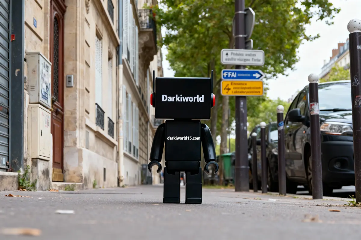 Main tenant un smartphone, page web "darkiworld15.com", personnes floues en arrière-plan, parc urbain.