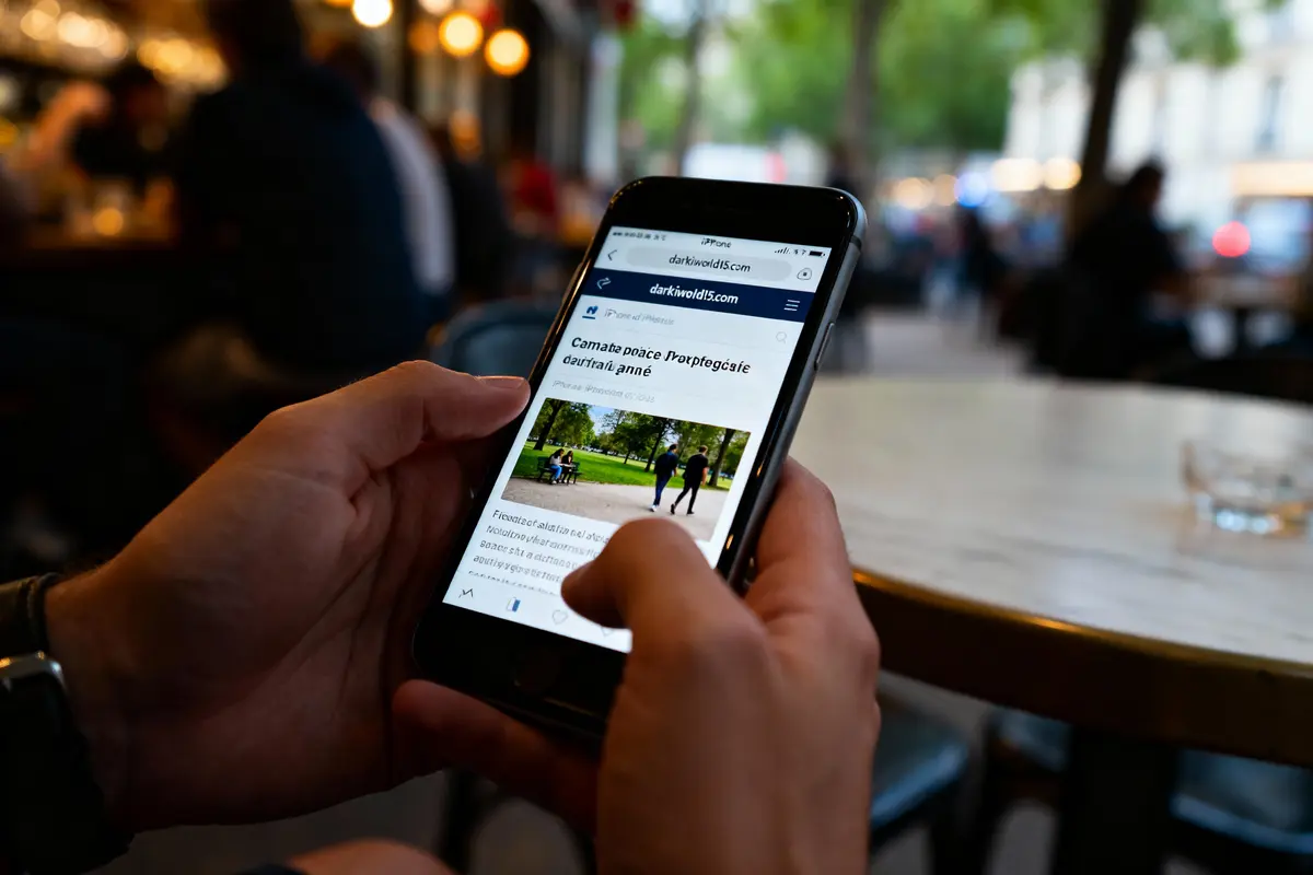 Une personne lit un article sur un smartphone dans un café, arrière-plan flou.