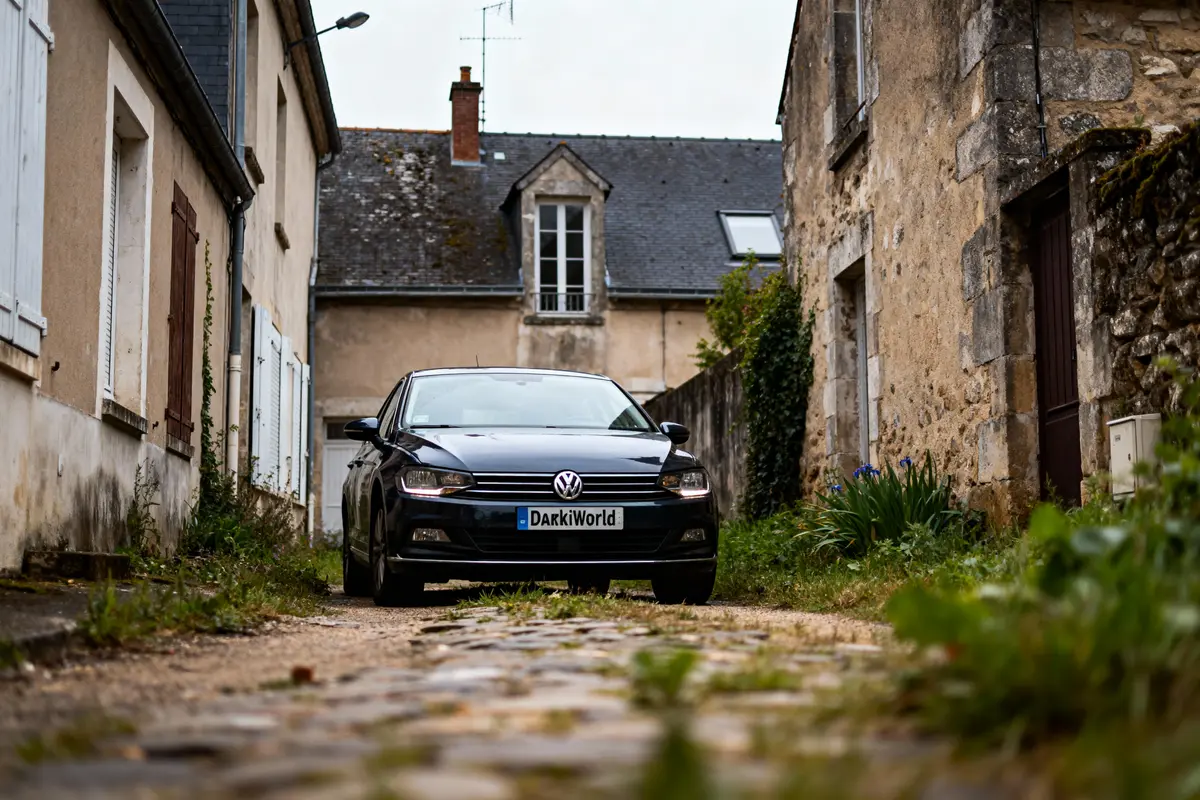Une voiture noire Volkswagen dans une ruelle étroite bordée de vieilles maisons en pierre.
