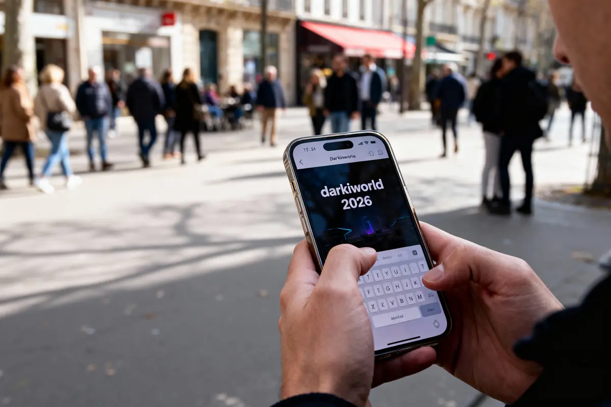 Personne utilisant un smartphone affichant "darkiworld 2026" dans une rue animée avec des passants flous.