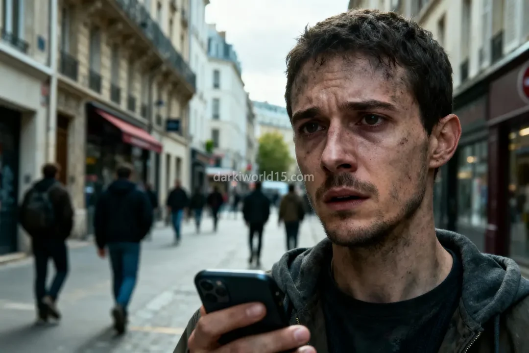 Homme fatigué, regard préoccupé, tenant un smartphone dans une rue animée avec piétons flous en arrière-plan.