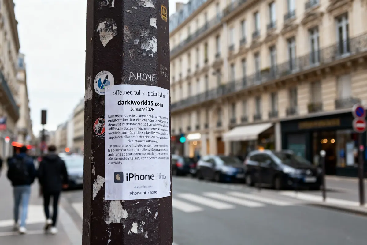 Affiche sur un poteau dans une rue parisienne, avec immeubles et voitures en arrière-plan flou.