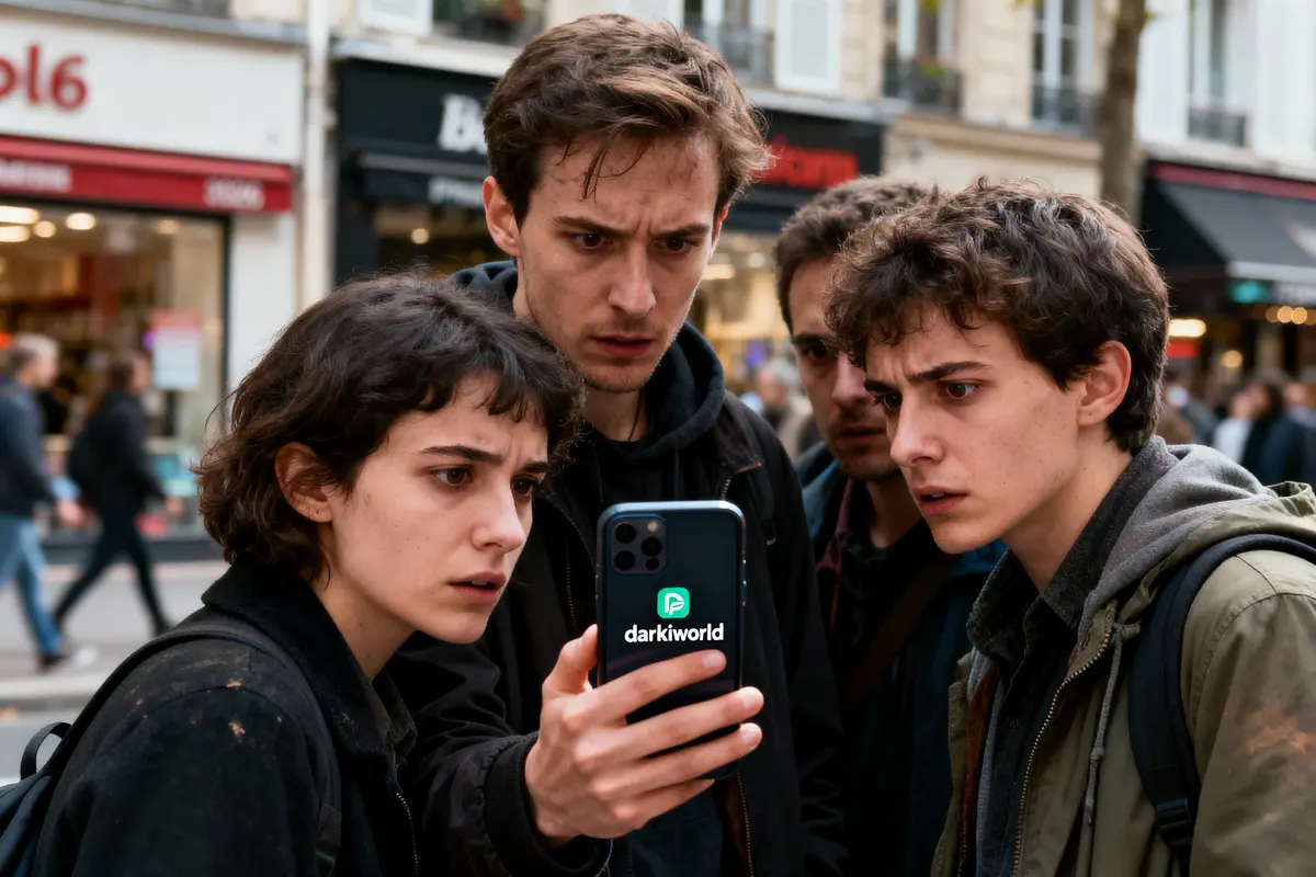 Quatre jeunes regardent intensément un téléphone, affichant "darkiworld", dans une rue animée.