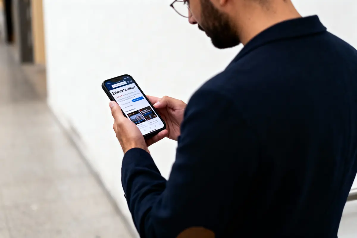 Homme en costume noir utilisant un smartphone affichant un site web en intérieur, sur fond blanc flou.