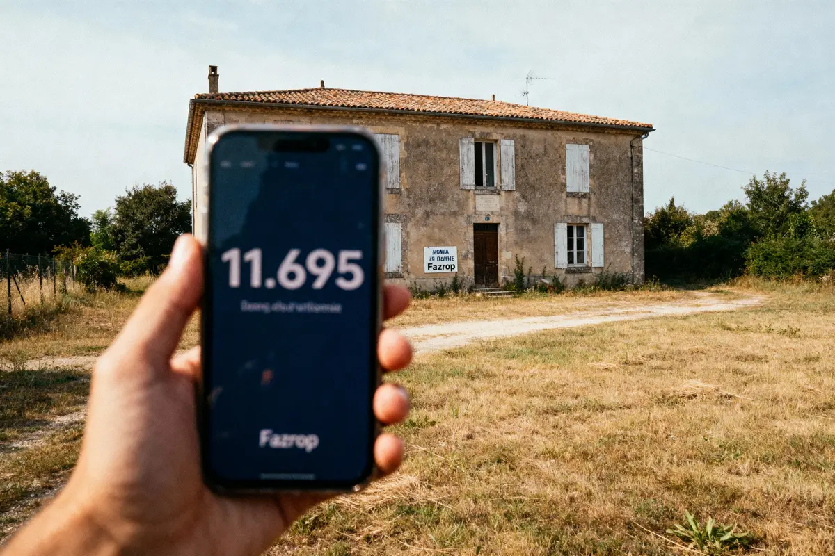 Une main tenant un smartphone devant une maison ancienne en campagne ensoleillée.