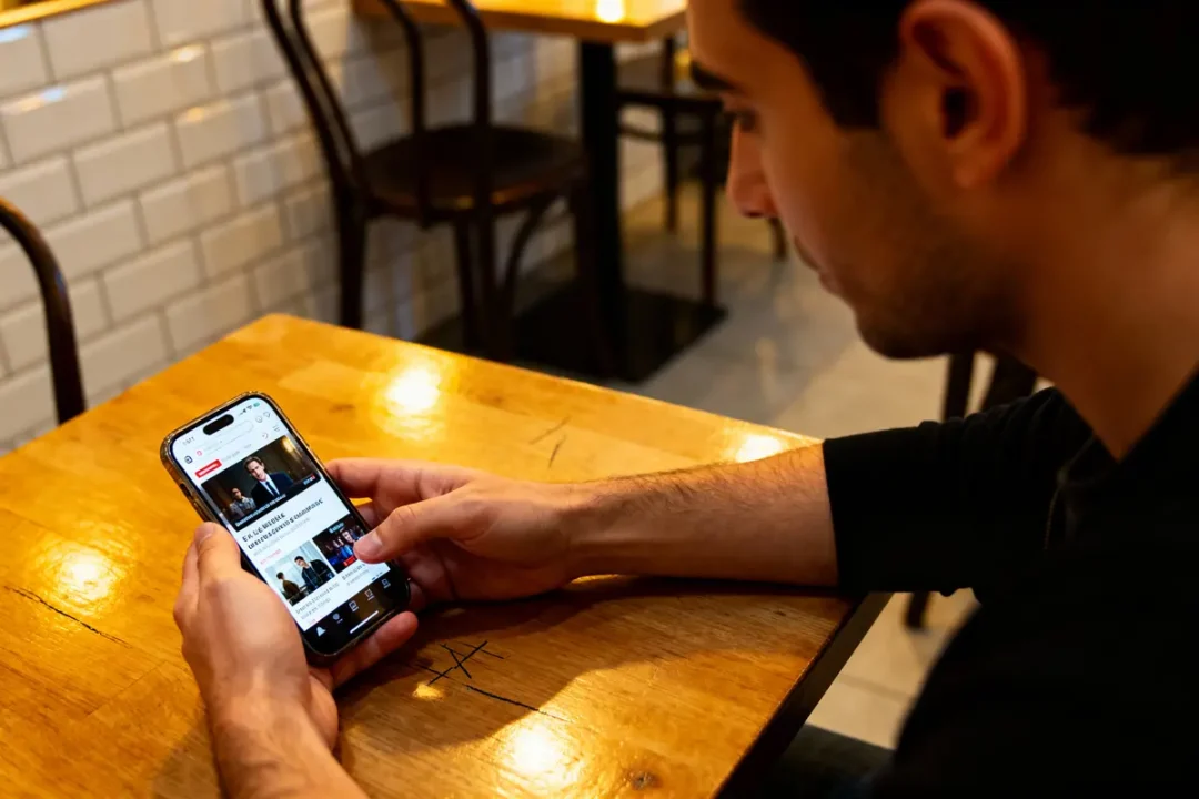 Un homme regarde son smartphone dans un café, naviguant sur un site de nouvelles.