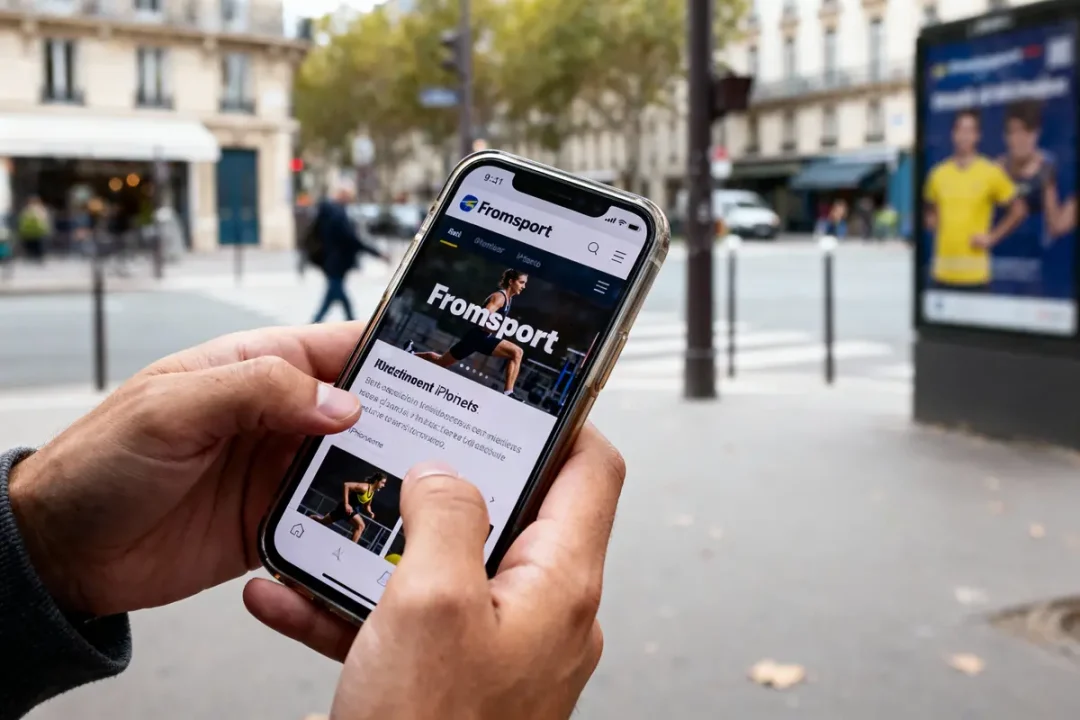 Personne utilisant un smartphone affichant le site Fromsport, à l'extérieur, avec des passants en arrière-plan flou.