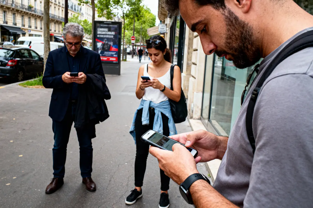 Trois personnes utilisant leurs téléphones sur un trottoir urbain, concentrées sur leurs écrans.
