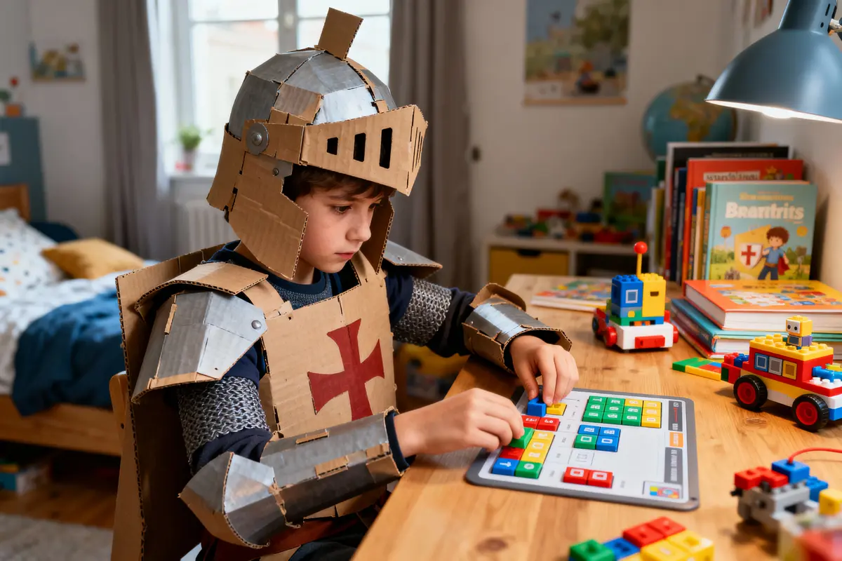 Enfant en armure de carton joue avec blocs colorés, intérieur chambre avec livres et jouets.
