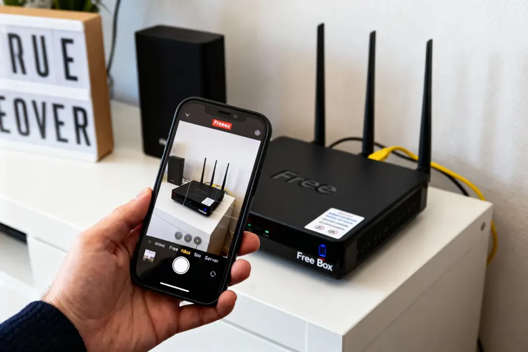 Smartphone prenant photo d'un routeur Freebox avec câbles Ethernet jaunes, sur une étagère blanche.
