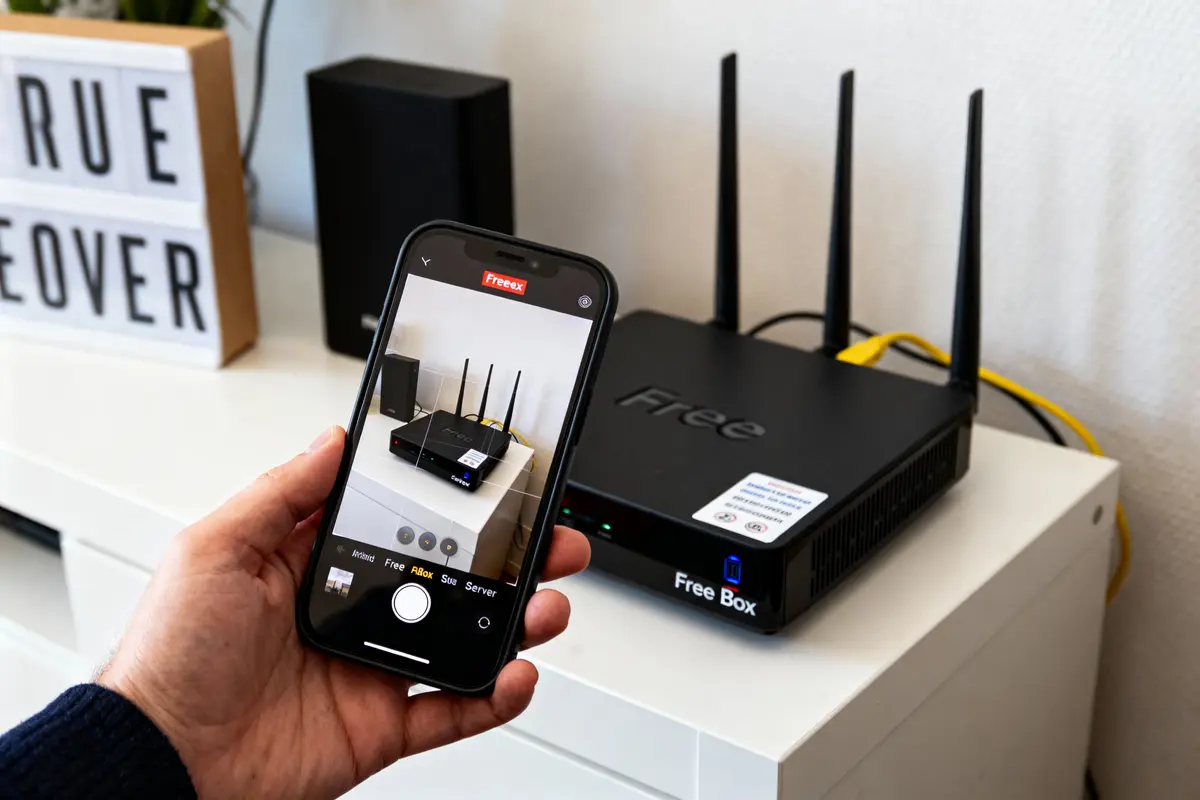 Smartphone prenant photo d'un routeur Freebox avec câbles Ethernet jaunes, sur une étagère blanche.