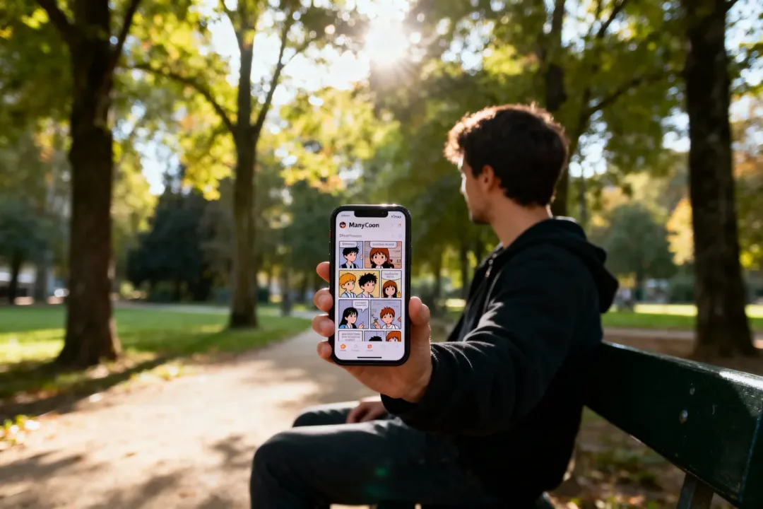 Un homme dans un parc montrant un téléphone affichant une application de bande dessinée.