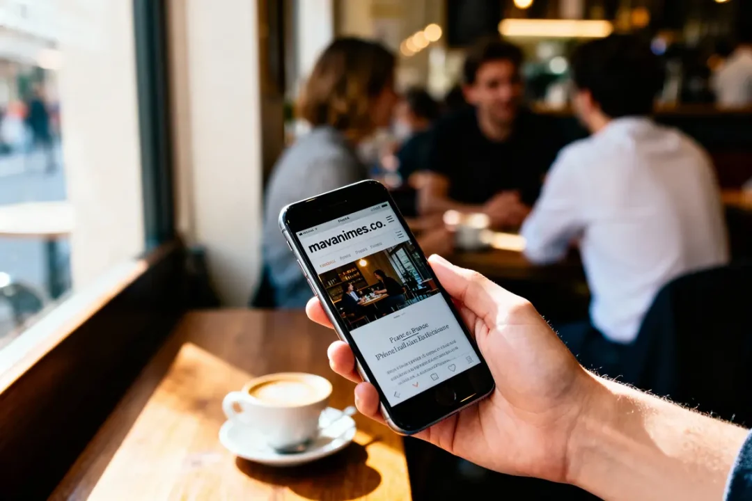Personne tenant smartphone affichant site web dans un café, deux personnes floues conversent au fond.