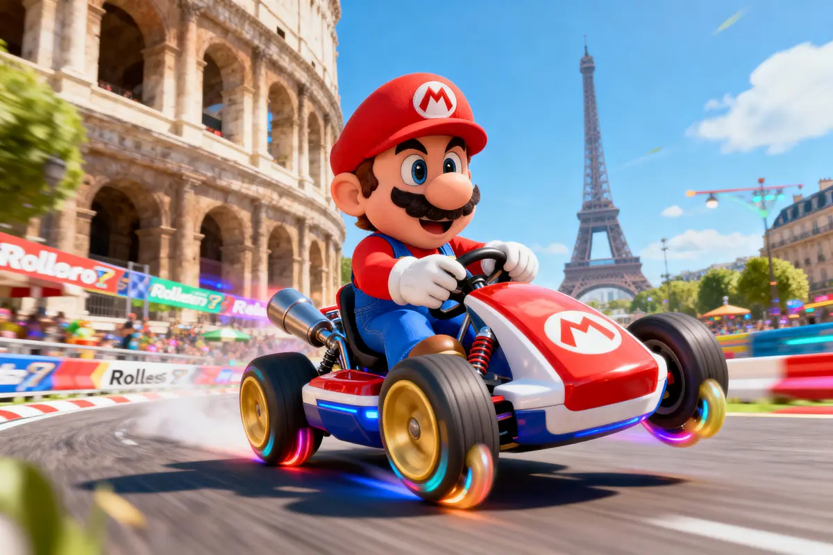 Personnage de jeu vidéo conduisant un kart devant la Tour Eiffel et un Colisée, ambiance course colorée.