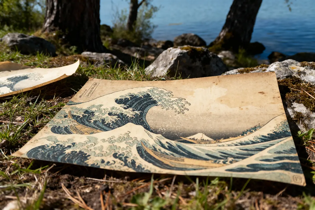 Estampe japonaise représentant une vague sur l'herbe près d'un lac, arbres et rochers en arrière-plan.