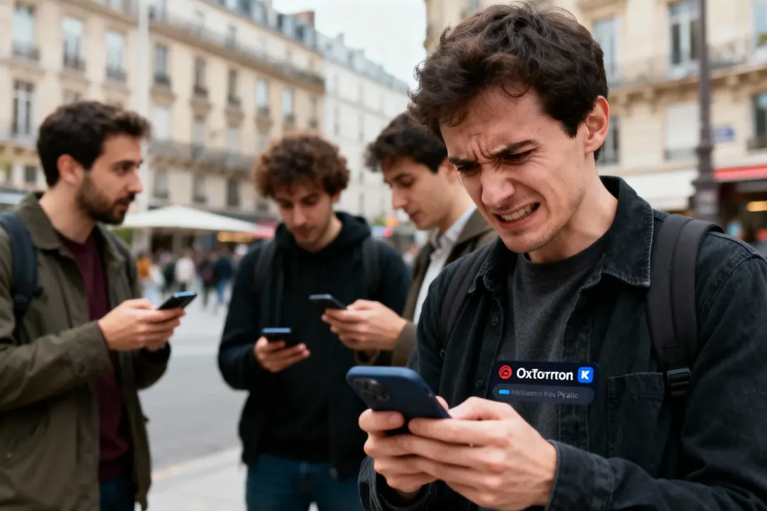 Cinq hommes utilisant des smartphones à l'extérieur; l'un d'eux semble frustré. Scène urbaine en arrière-plan.