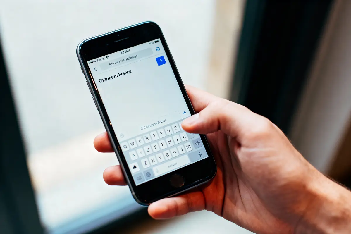 Main tenant un smartphone avec écran affichant "Oxtorton France" et clavier numérique activé.
