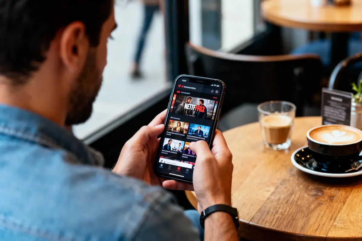 Homme regardant Netflix sur smartphone, assis dans un café avec cappuccino et café.