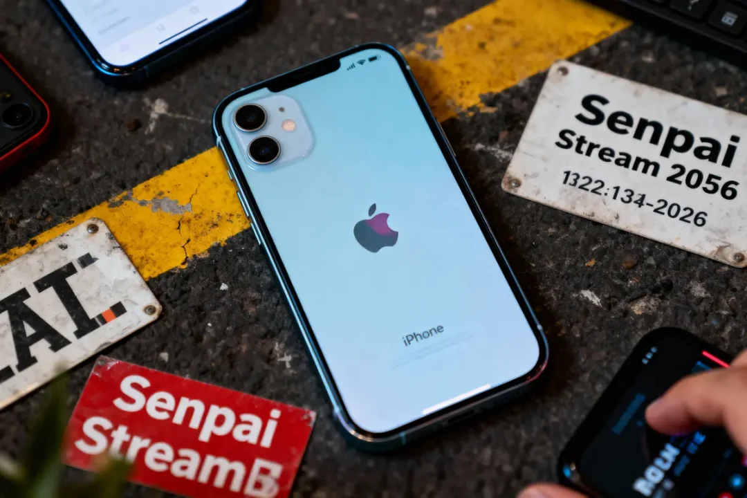 Smartphone iPhone sur surface texturée, entouré de panneaux marqués « Senpai Stream ». Autres téléphones visibles autour.
