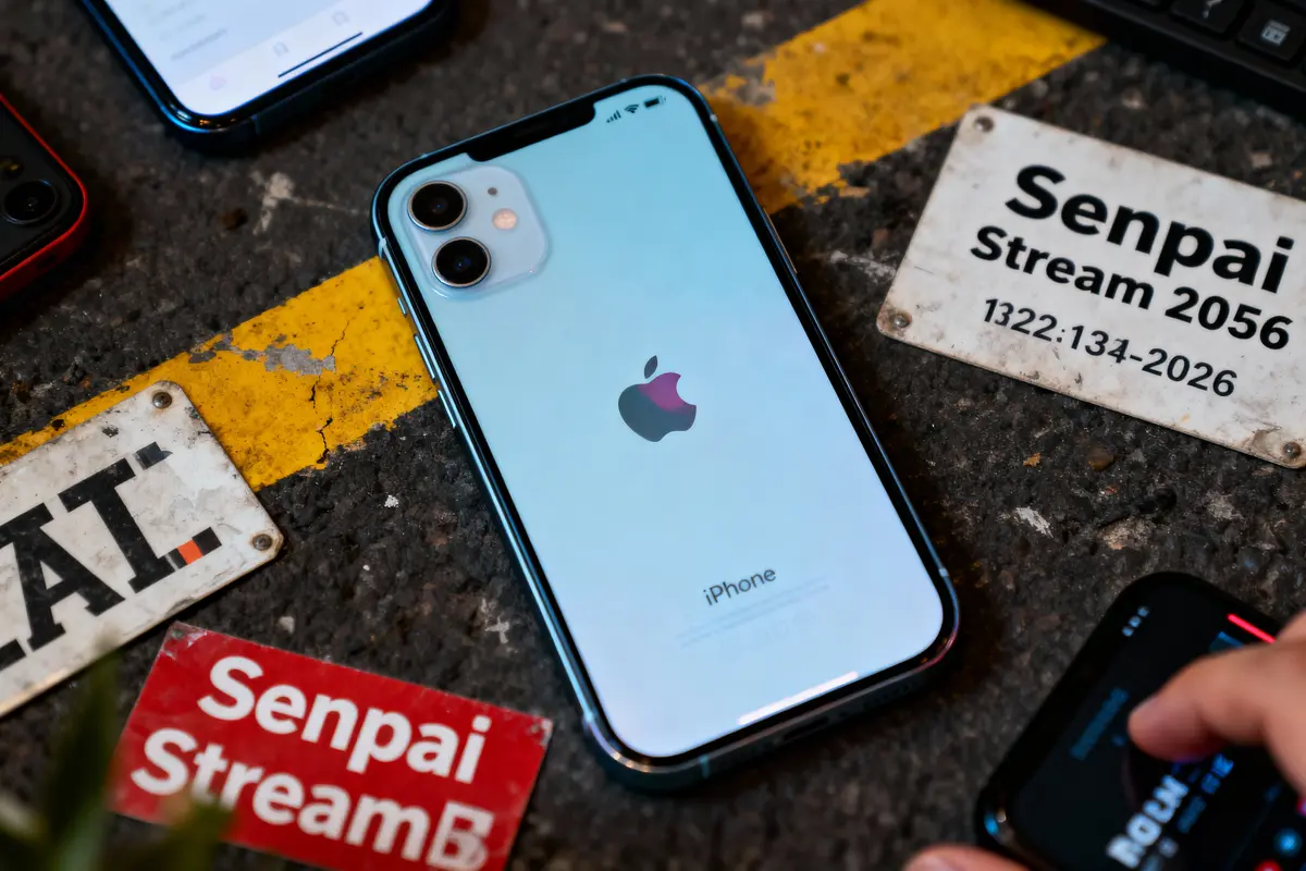 Smartphone iPhone sur surface texturée, entouré de panneaux marqués « Senpai Stream ». Autres téléphones visibles autour.