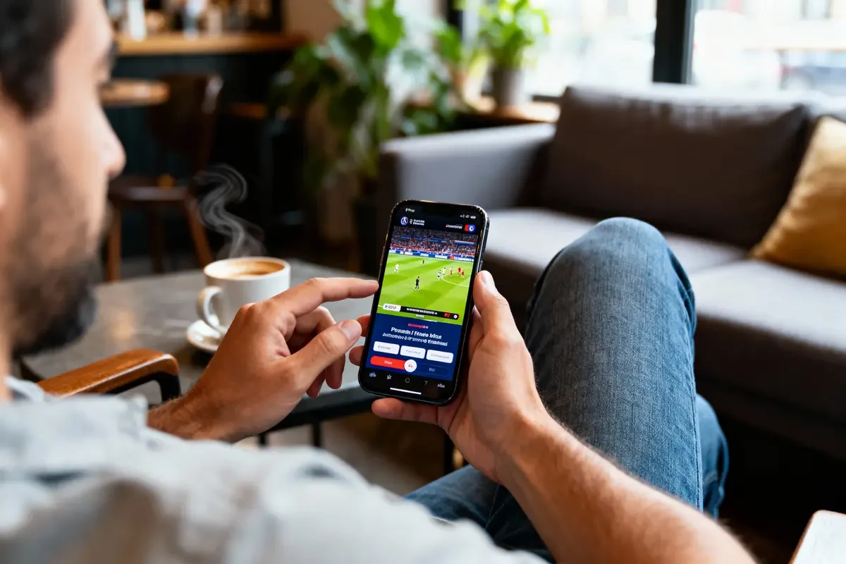 Quatre hommes regardent un match de football avec VPN sur smartphones et écran, intérieur élégant.