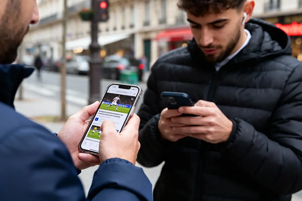 Main tenant un smartphone affichant Streamonsport, arrière-plan café flou avec clients en conversation.
