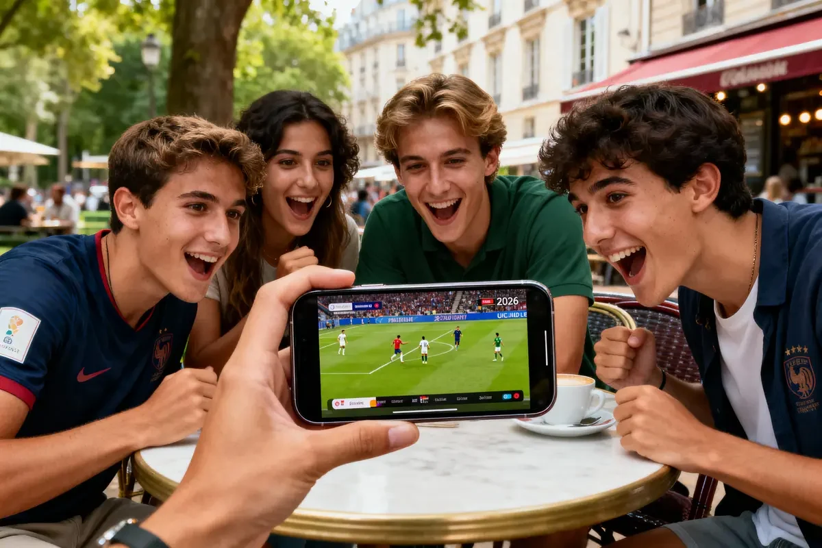 Jeunes souriants regardent match de football sur smartphone, assis à une terrasse de café, ambiance décontractée.