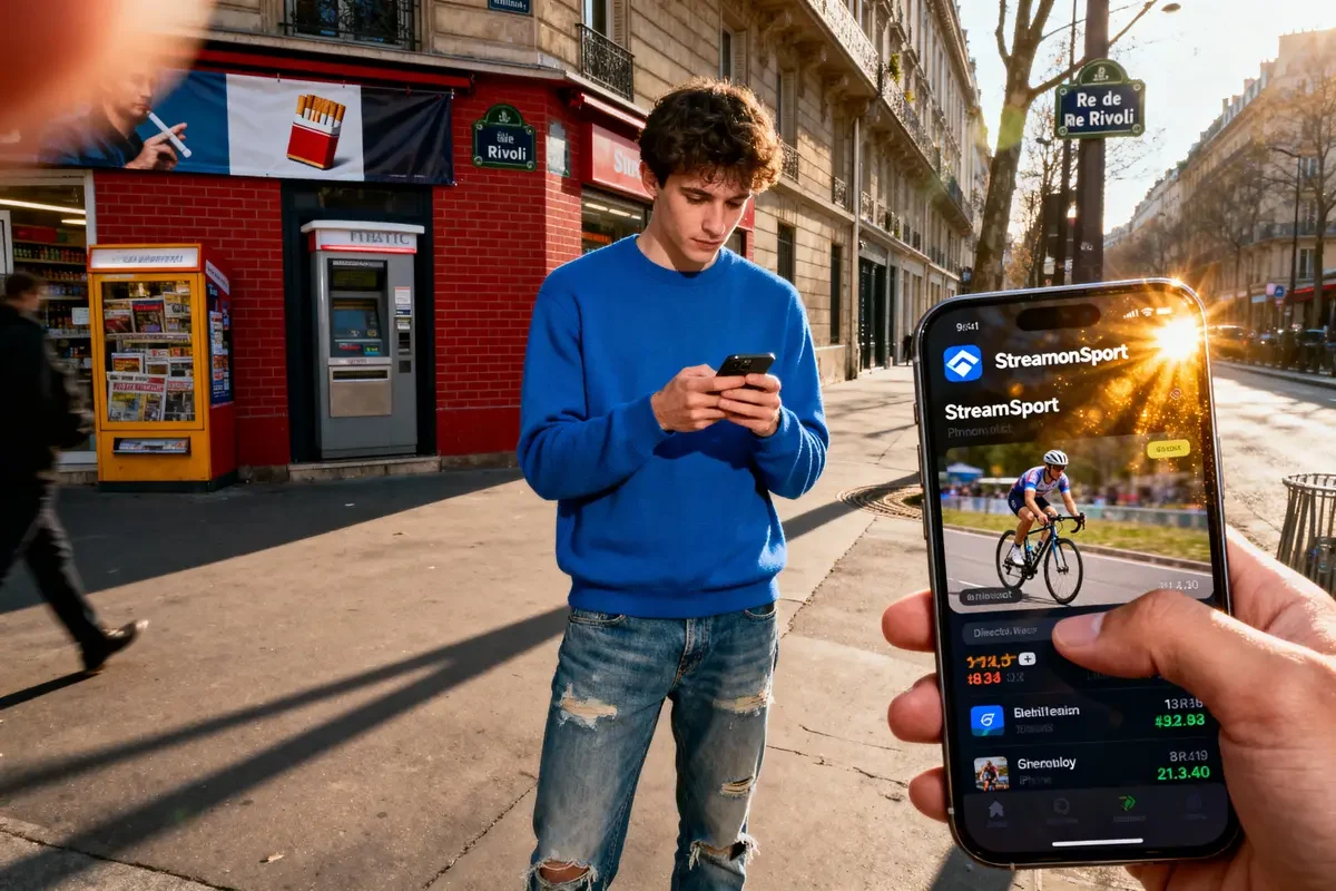 Jeune homme en pull bleu, utilisant son téléphone, rue de Rivoli, devant distributeur automatique et magasin.