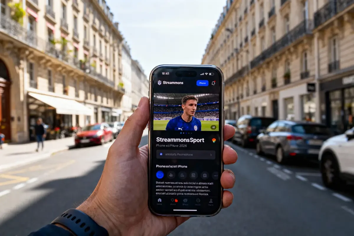 Main tenant un smartphone avec application sport, vue de rue parisienne en arrière-plan, voitures garées.