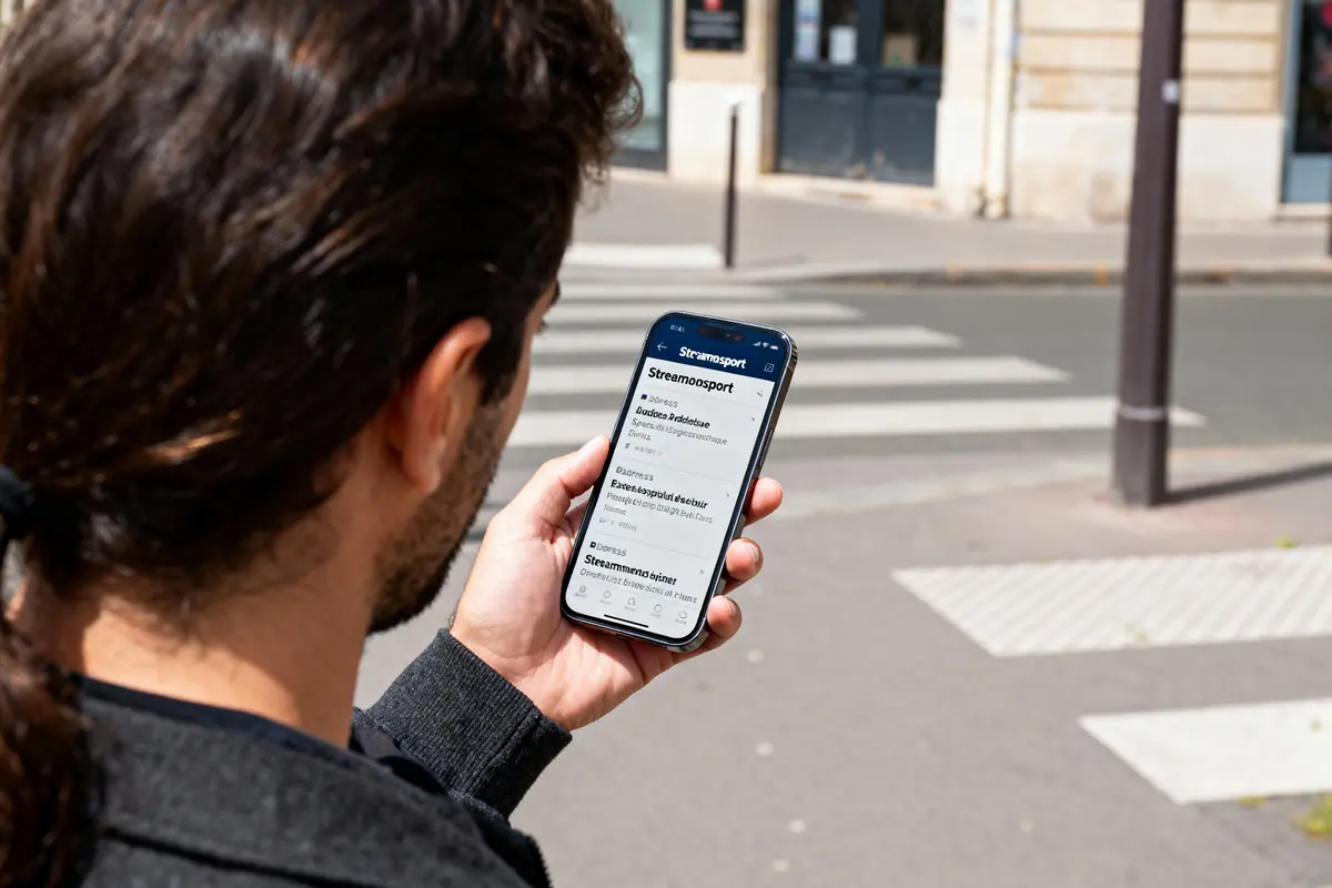 Un homme consulte une application sportive sur son smartphone dans la rue près d'un passage piéton.