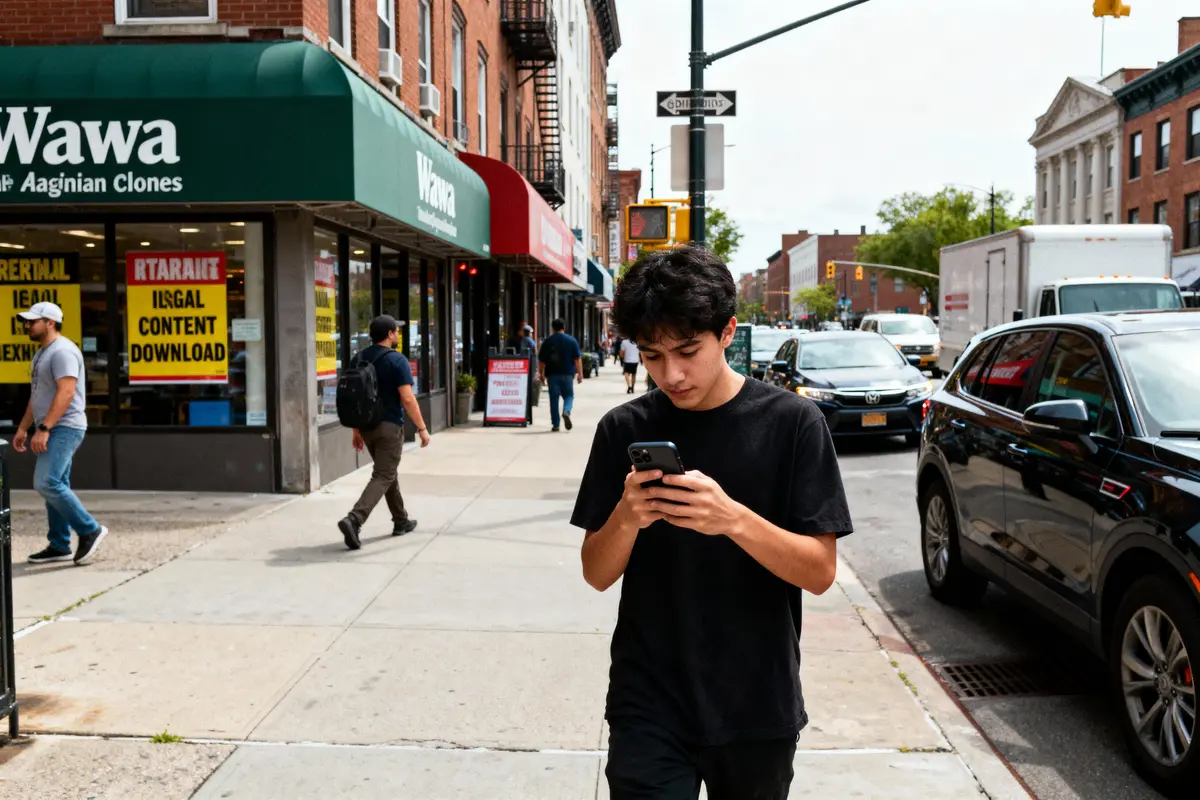 Un jeune homme regarde son téléphone en marchant sur un trottoir urbain. Traffic, piétons, boutiques en arrière-plan.