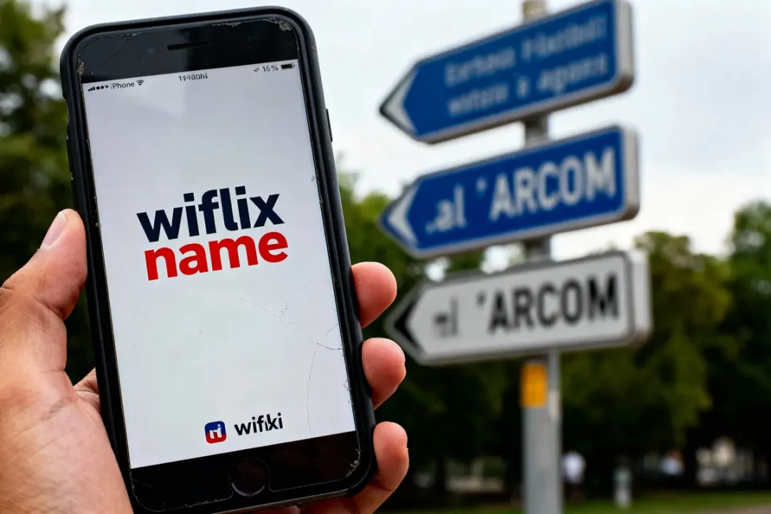 Smartphone avec "wiflix name" à l'écran devant panneaux d'affichage floutés en arrière-plan extérieur.