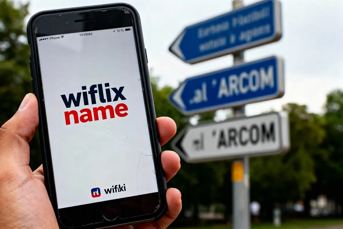 Smartphone avec "wiflix name" à l'écran devant panneaux d'affichage floutés en arrière-plan extérieur.
