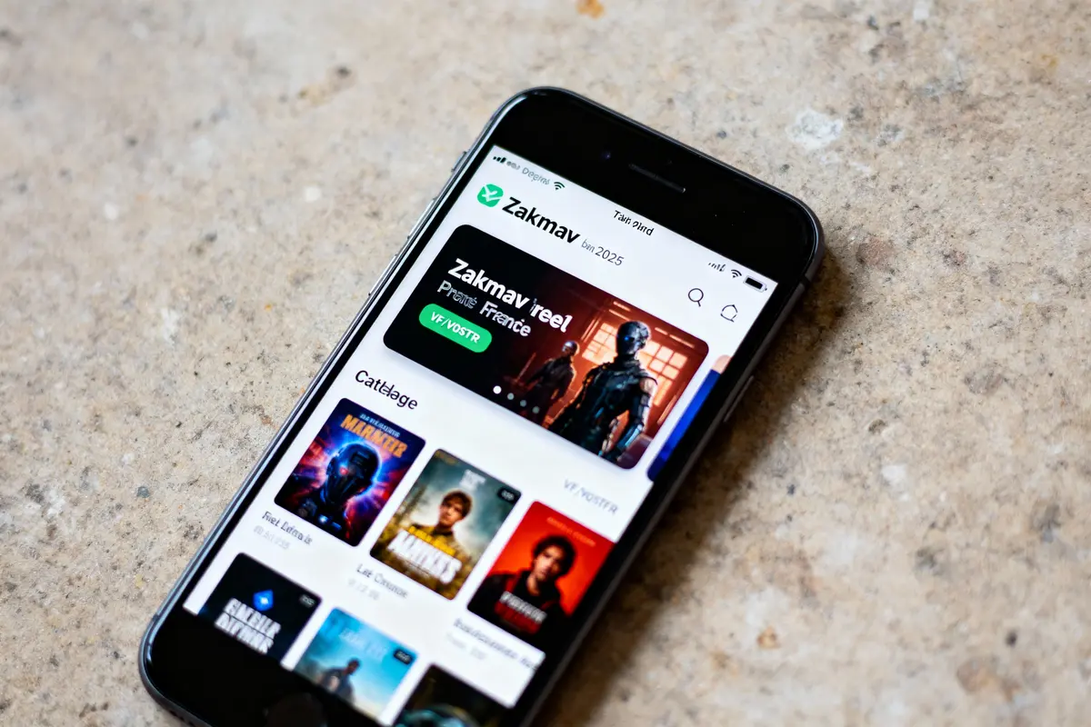 Smartphone affichant une application de streaming de films. Ecran montrant différents films disponibles en catalogue.