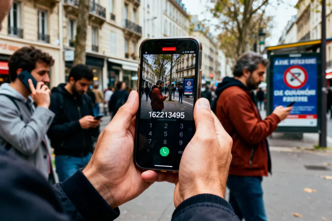 Homme tenant smartphone en appel, rue animée avec piétons et panneau d'affichage en arrière-plan.