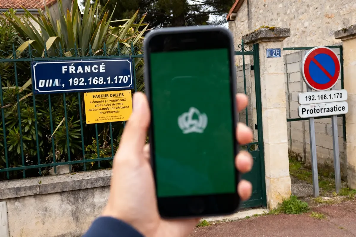 Smartphone flou devant un panneau de rue avec textes humoristiques, IP et symboles, une propriété en fond.