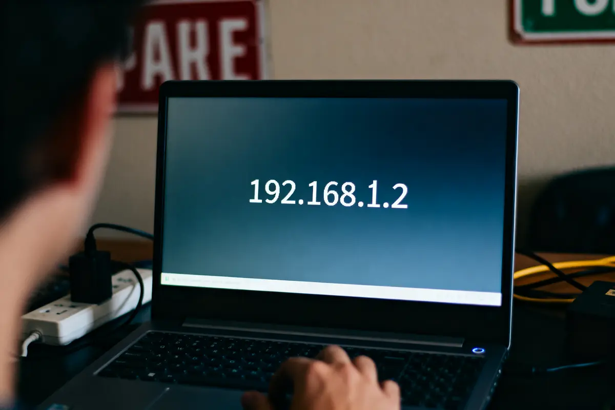 Ordinateur portable avec écran affichant une adresse IP "192.168.1.2", main de personne visible au premier plan.