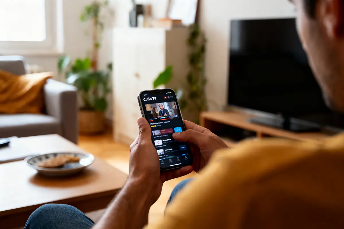 Personne utilisant un smartphone pour regarder Coflix TV dans un salon moderne, intérieur confortable avec plantes et canapé.