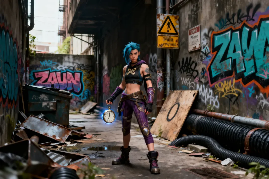 Personnage aux cheveux bleus dans une ruelle urbaine, tenant une horloge, entouré de graffitis colorés.