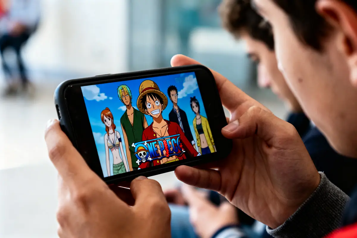 Personne regardant un épisode de l'anime One Piece sur un smartphone, affichant les personnages principaux.
