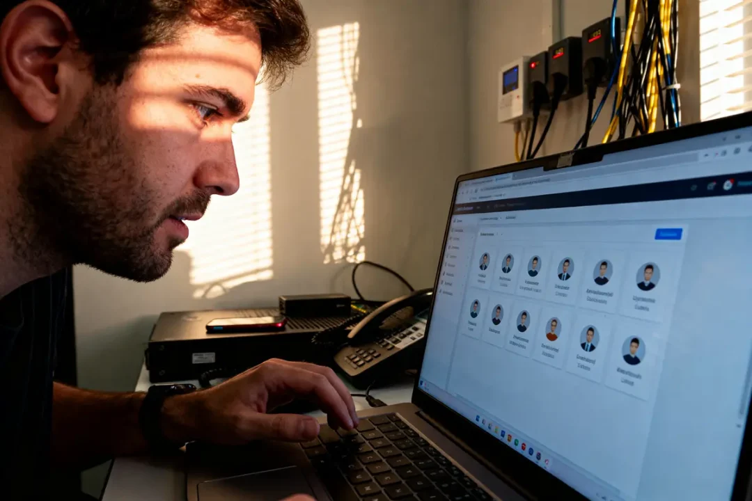 Homme concentré, utilisant ordinateur portable avec interface utilisateur, dans un bureau avec équipements techniques et câbles.