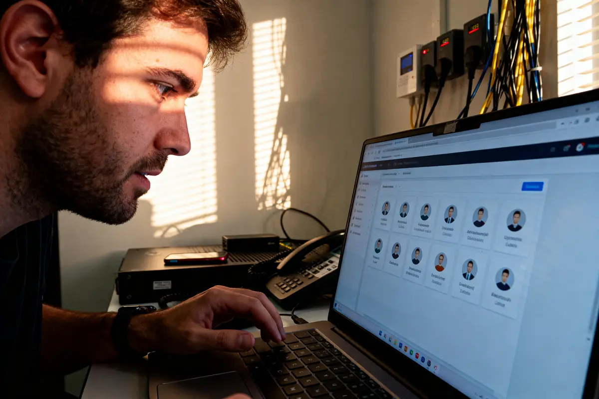 Homme concentré, utilisant ordinateur portable avec interface utilisateur, dans un bureau avec équipements techniques et câbles.