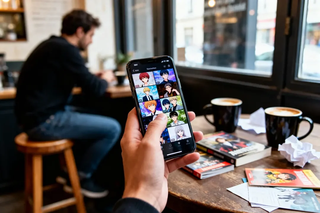 Personne utilisant un smartphone affichant des personnages animés dans un café avec cafés et livres sur la table.